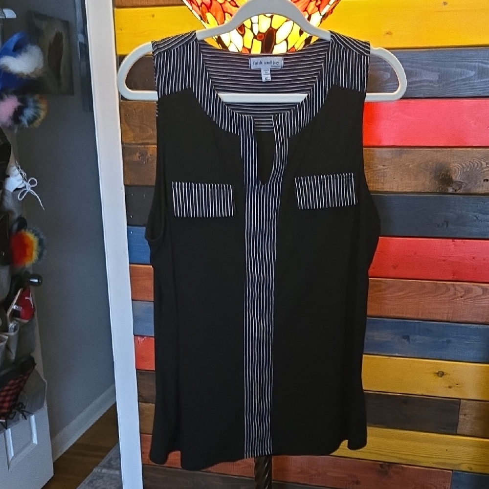 Faith and Joy Black Blouse with White Stripes 💙 SIZE XL